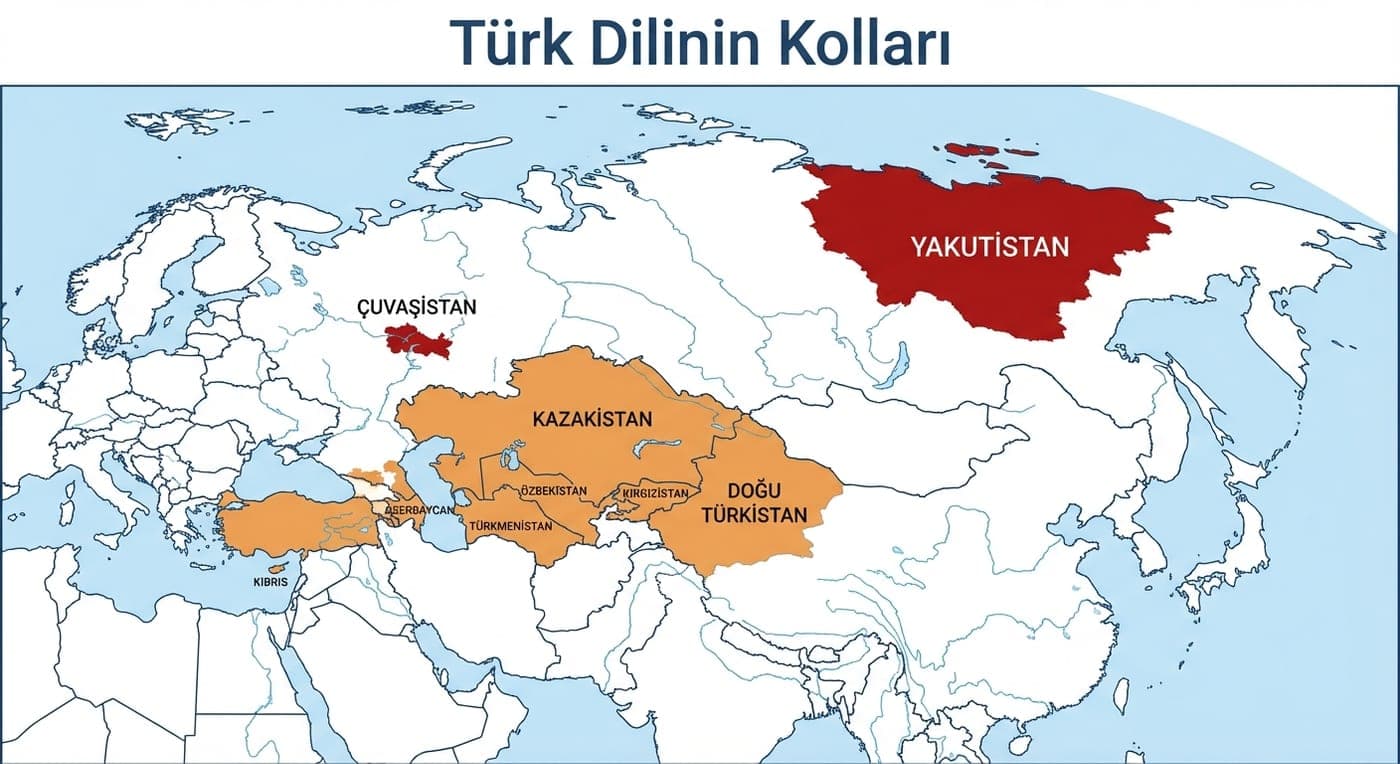 Türk dilinin konuşulduğu bölgeleri iki ayrı renkte gruplayan Avrasya haritası.