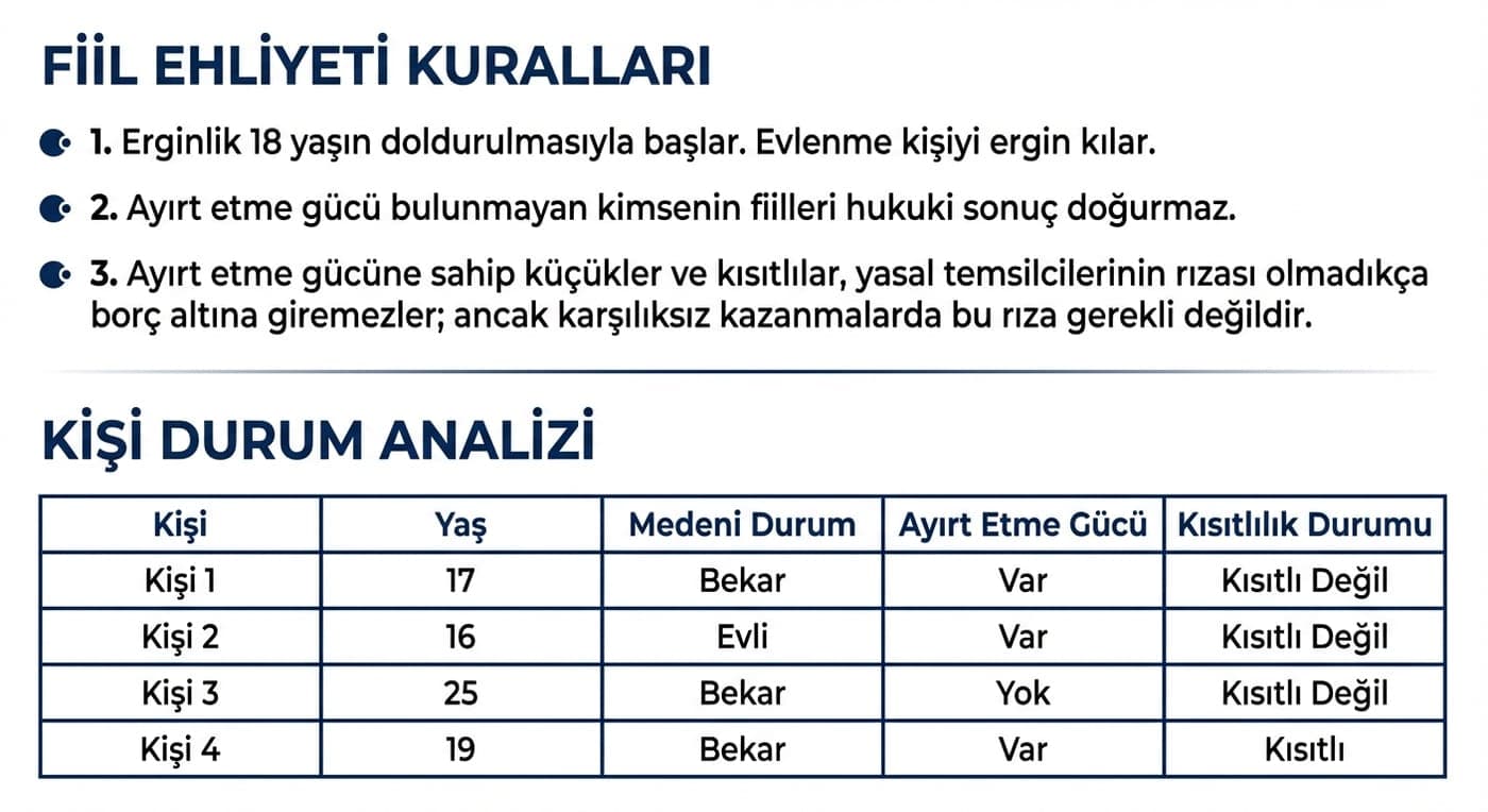 Üstte fiil ehliyetine ilişkin üç kuralın listelendiği panel; altta dört kişinin yaş, medeni durum, ayırt etme gücü ve kısıtlılık bilgilerini içeren tablo.